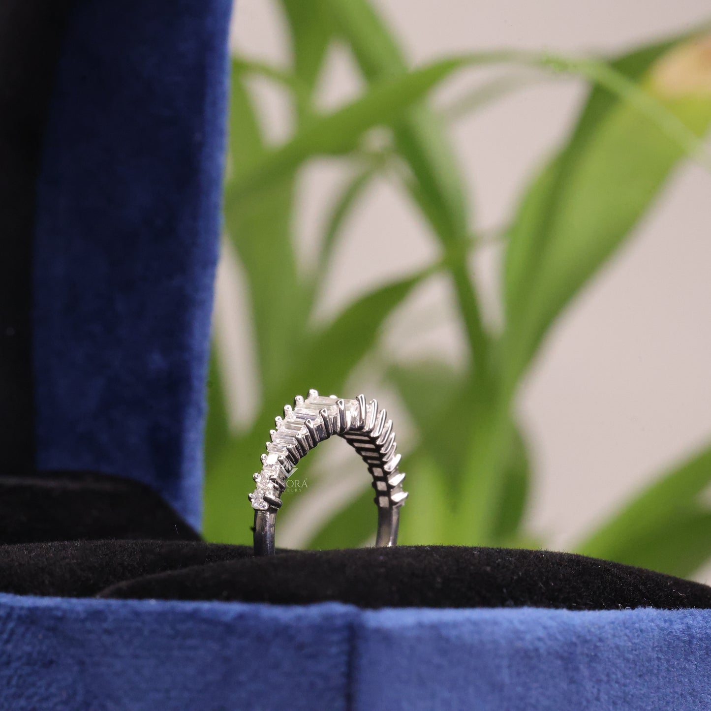 baguette & princess cut moissanite wedding band, modern half eternity ring – finora jewelry