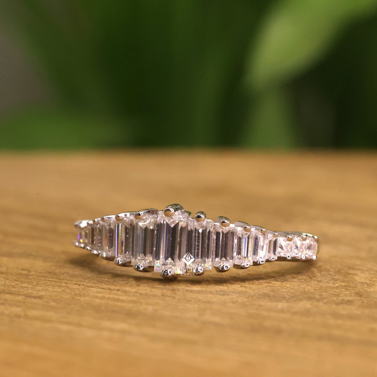 baguette & princess cut moissanite wedding band, modern half eternity ring – finora jewelry