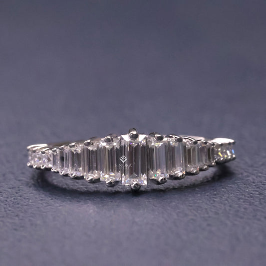 Baguette & Princess Cut Moissanite Wedding Band, Modern Half Eternity Ring – Finora Jewelry