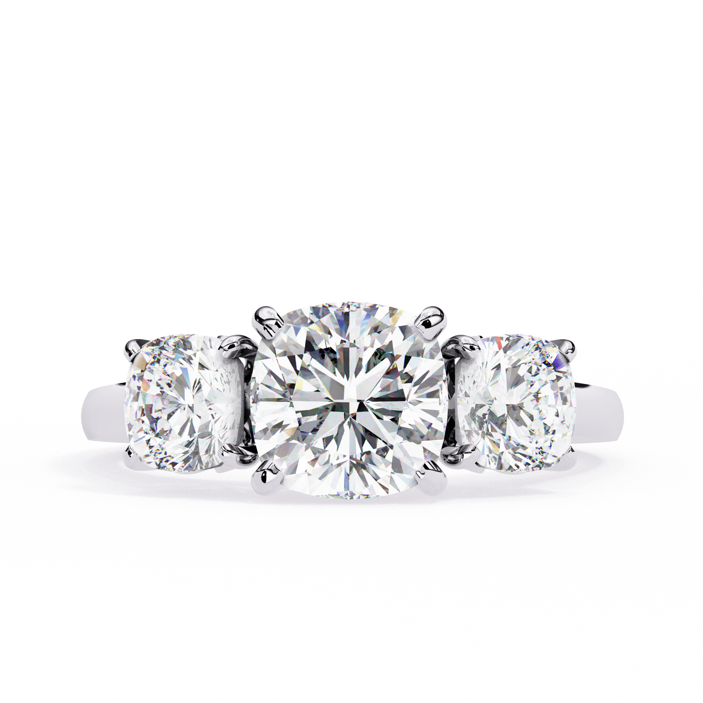three-stone cushion cut diamond engagement ring – trio of brilliance in white gold or platinum – finora symbolic design of past, present & future – elegant gift for her
