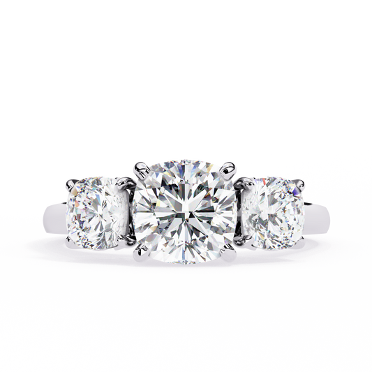 Three-Stone Cushion Cut Diamond Engagement Ring – Trio of Brilliance in White Gold or Platinum – Finora Symbolic Design of Past, Present & Future – Elegant Gift for Her