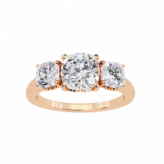 Three-Stone Cushion Cut Diamond Engagement Ring – Trio of Brilliance in White Gold or Platinum – Finora Symbolic Design of Past, Present & Future – Elegant Gift for Her