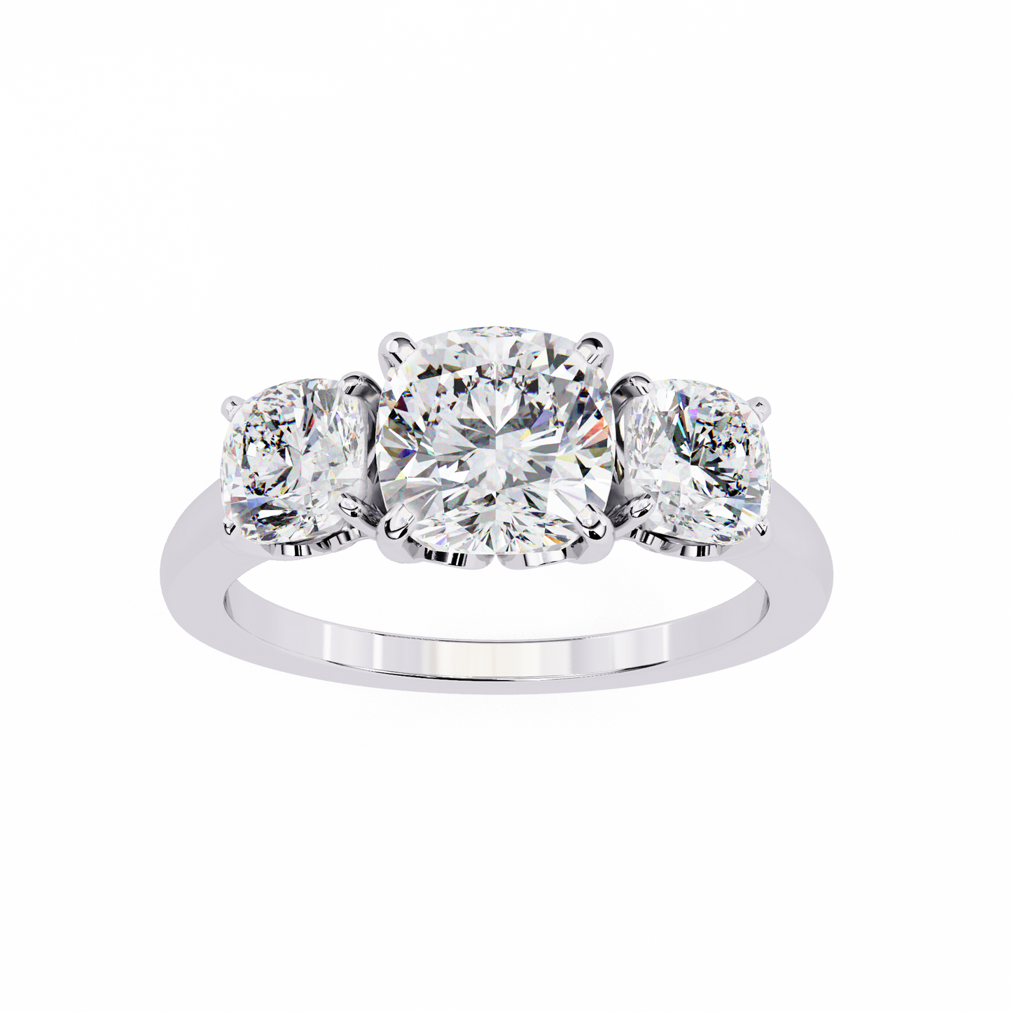three-stone cushion cut diamond engagement ring – trio of brilliance in white gold or platinum – finora symbolic design of past, present & future – elegant gift for her