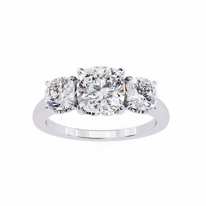 Three-Stone Cushion Cut Diamond Engagement Ring – Trio of Brilliance in White Gold or Platinum – Finora Symbolic Design of Past, Present & Future – Elegant Gift for Her