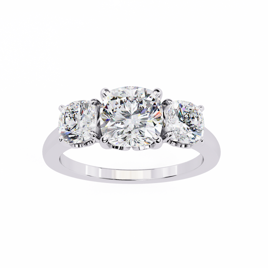 Three-Stone Cushion Cut Diamond Engagement Ring – Trio of Brilliance in White Gold or Platinum – Finora Symbolic Design of Past, Present & Future – Elegant Gift for Her
