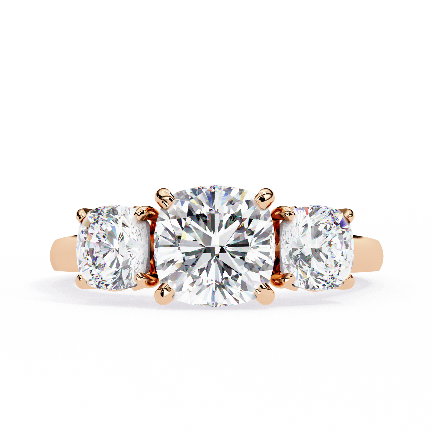 three-stone cushion cut diamond engagement ring – trio of brilliance in white gold or platinum – finora symbolic design of past, present & future – elegant gift for her