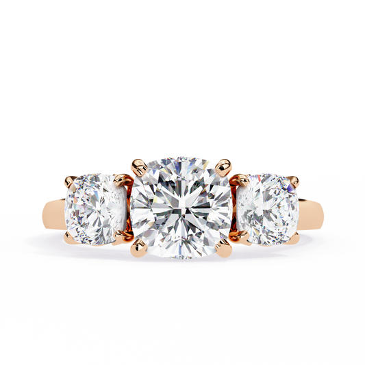 Three-Stone Cushion Cut Diamond Engagement Ring – Trio of Brilliance in White Gold or Platinum – Finora Symbolic Design of Past, Present & Future – Elegant Gift for Her