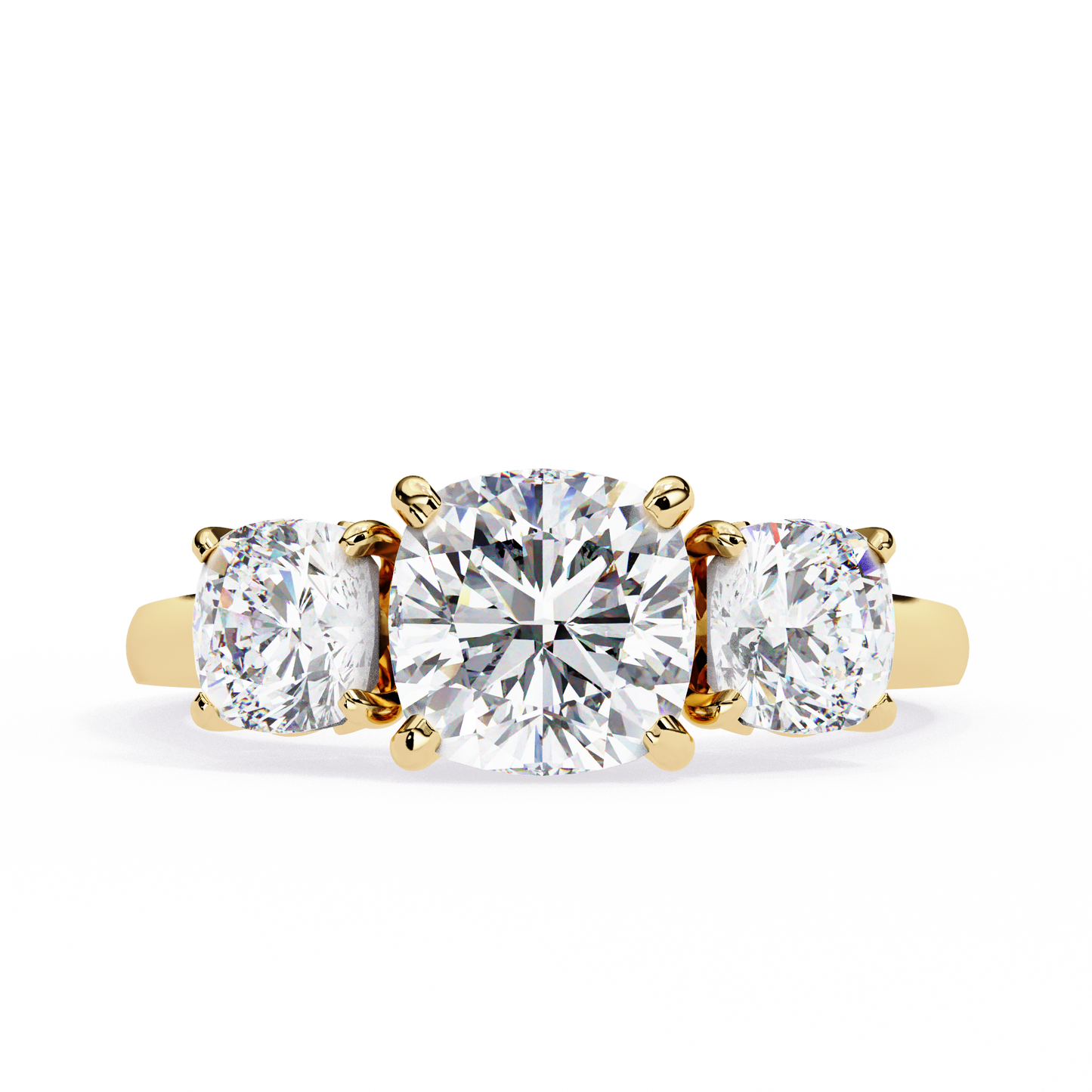 three-stone cushion cut diamond engagement ring – trio of brilliance in white gold or platinum – finora symbolic design of past, present & future – elegant gift for her
