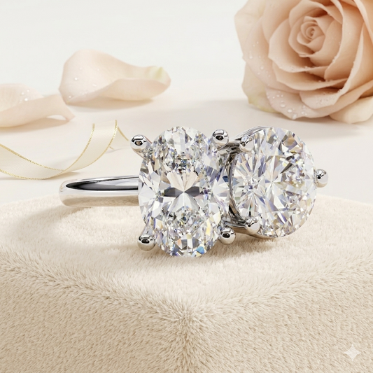 Two-Stone Oval & Round Cut Diamond Engagement Ring – Harmonious Duo in 925 Silver, 10K / 14K Gold, or Platinum – Finora Emblem of Balanced Love & Timeless Sparkle – Elegant Gift for Her