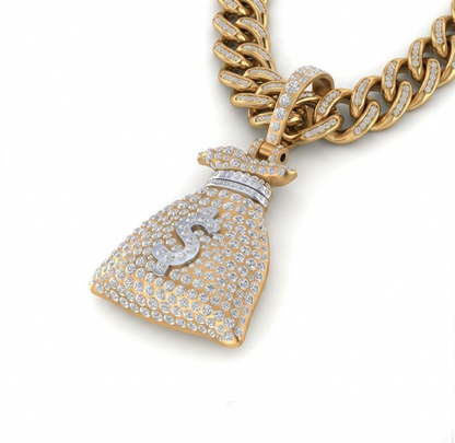 Iced-Out Money Bag Moissanite Pendant Necklace | Pavé Set Diamond Bag Pendant | Luxury Jewelry – Finora Jewelry