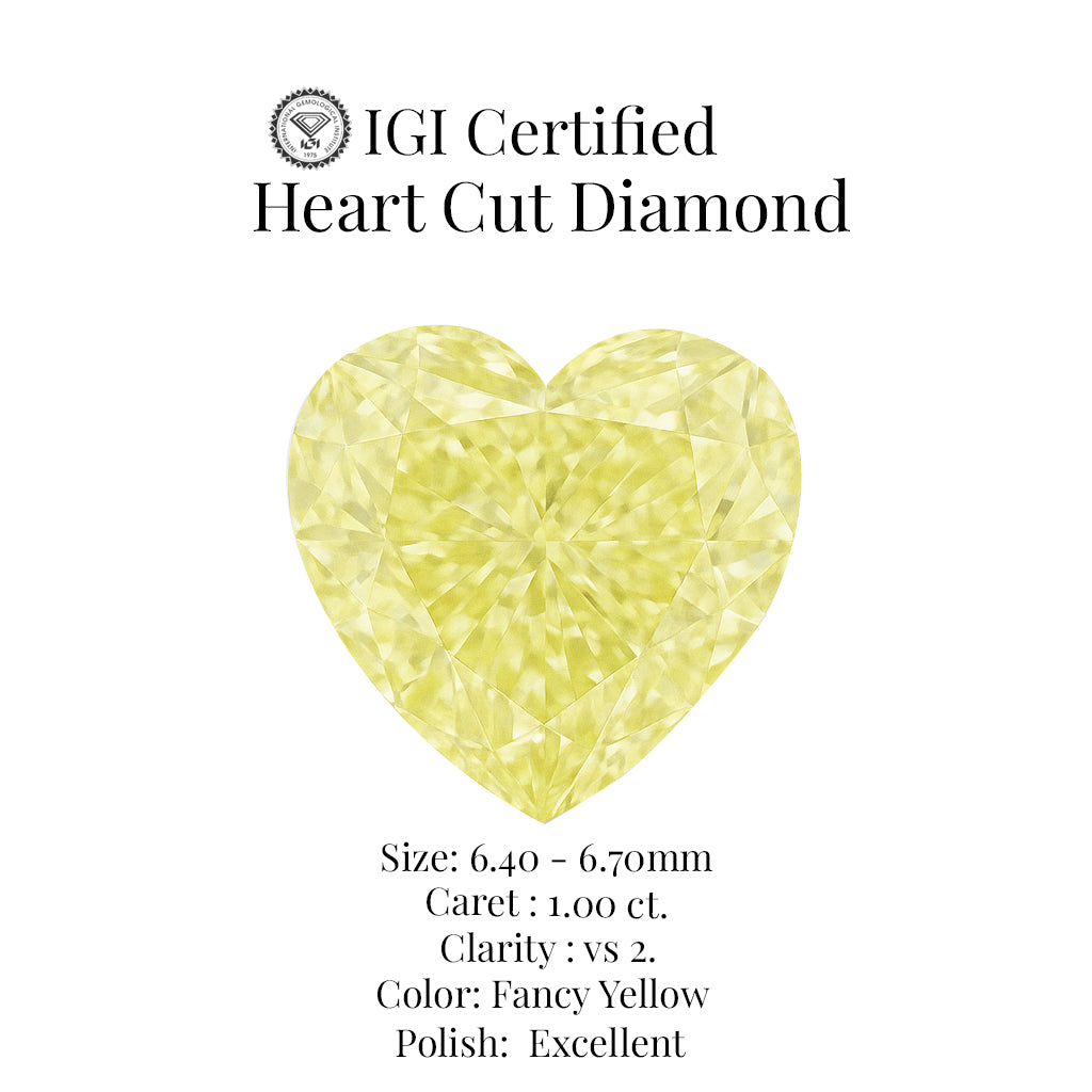 heart cut 1.00 ct igi certified fancy yellow diamond 