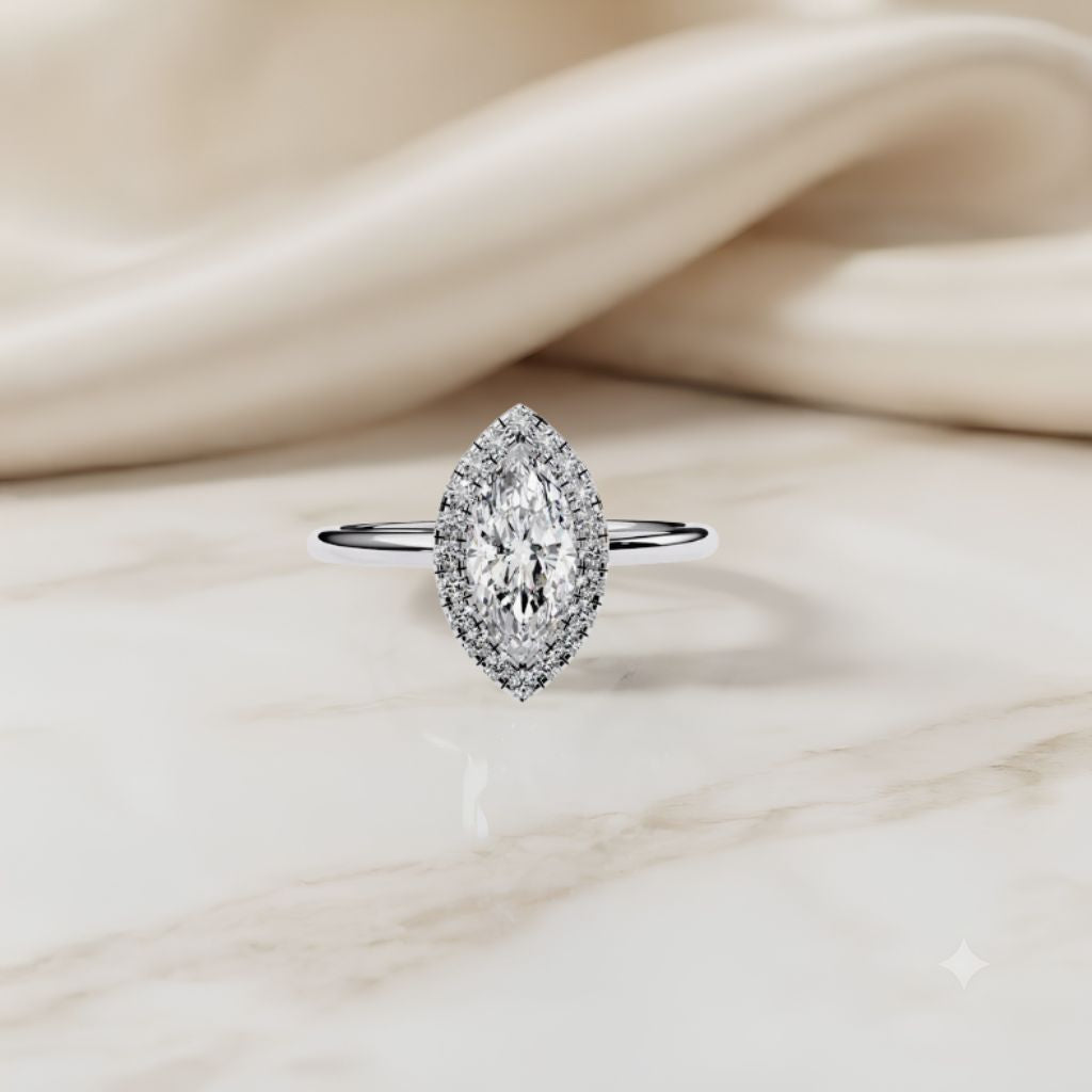 marquise cut moissanite halo engagement ring – 925 silver / 10k / 14k / platinum / white / yellow / rose gold – finora jewelry