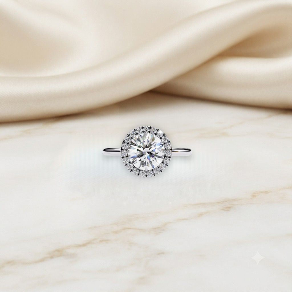 round halo moissanite engagement ring with pavé accent diamonds – timeless round cut sparkle | finora jewelry