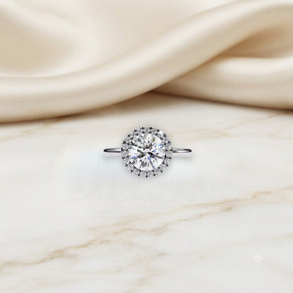 Round Halo Moissanite Engagement Ring with Pavé Accent Diamonds – Timeless Round Cut Sparkle | Finora Jewelry