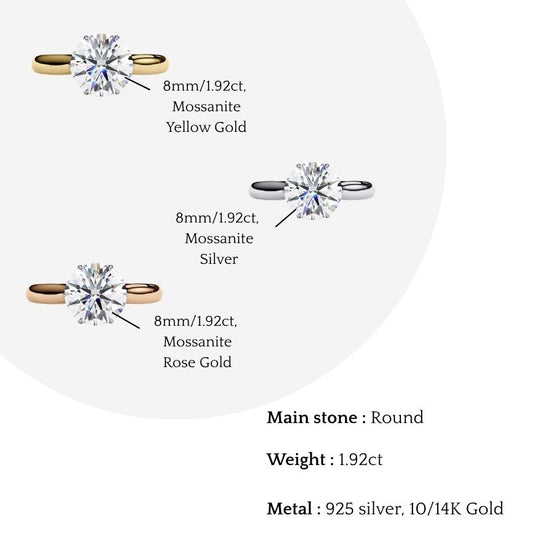 Round Brilliant Cut Moissanite Solitaire Engagement Ring – Classic Ring in 925 Silver, 10K & 14K White, Yellow, Rose Gold, or Platinum | Finora Jewelry