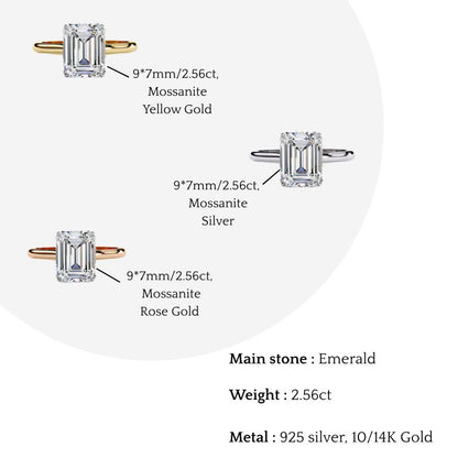 Emerald Cut Moissanite Solitaire Engagement Ring – Modern Classic for Her – 925 Silver / 10K & 14K Gold / Rose, Yellow, White Gold / Platinum | Finora Jewelry