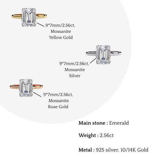 Emerald Cut Moissanite Solitaire Engagement Ring – Modern Classic for Her – 925 Silver / 10K & 14K Gold / Rose, Yellow, White Gold / Platinum | Finora Jewelry