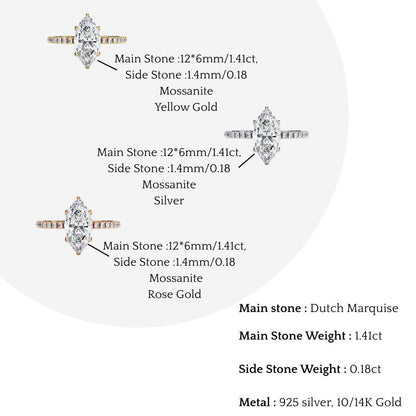 Marquise Cut Moissanite Engagement Ring – 1.41 CT Center – Pavé Band – 925 Silver / 10K & 14K Gold / Platinum | Finora Jewelry