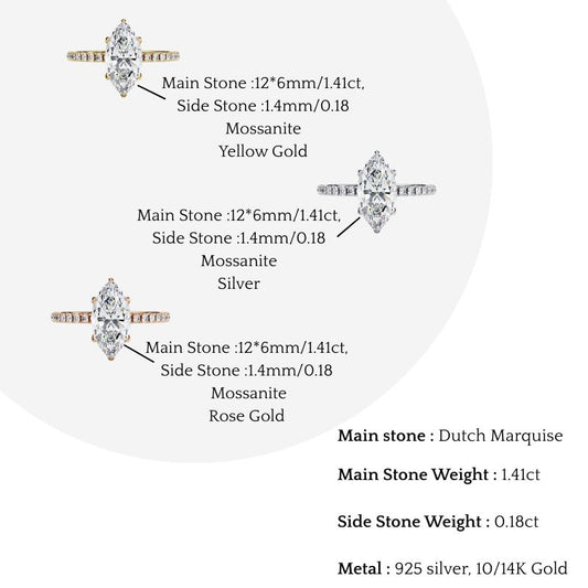 Marquise Cut Moissanite Engagement Ring – 1.41 CT Center – Pavé Band – 925 Silver / 10K & 14K Gold / Platinum | Finora Jewelry