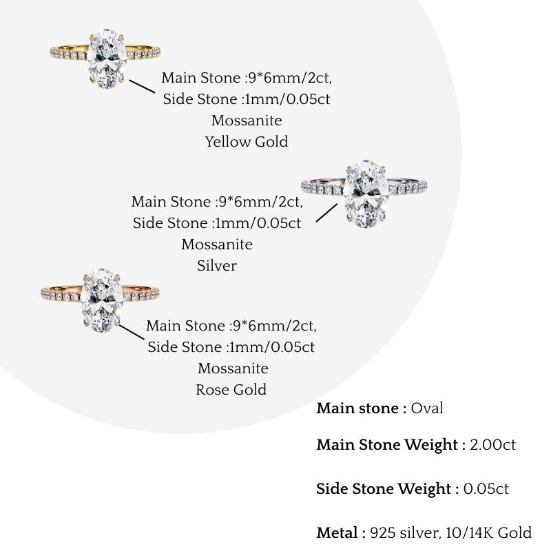 oval cut moissanite engagement ring – pavé band – 925 silver / 10k / 14k gold / platinum