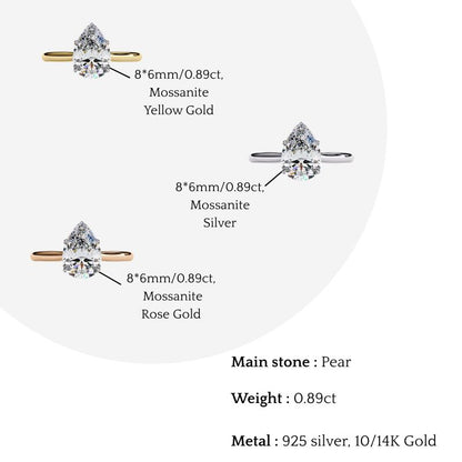 Pear Cut Moissanite Solitaire Engagement Ring – Teardrop Promise Ring for Her – 925 Silver / 10K & 14K Gold / Rose, Yellow, White Gold / Platinum | Finora Jewelry