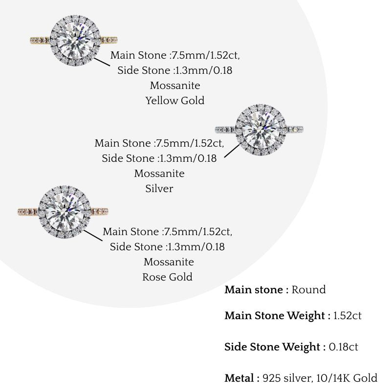 round cut moissanite ring – double halo with pavé band – 925 silver / 10k, 14k rose, yellow, white gold / platinum | finora jewelry