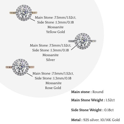 Round Cut Moissanite Ring – Double Halo with Pavé Band – 925 Silver / 10K, 14K Rose, Yellow, White Gold / Platinum | Finora Jewelry