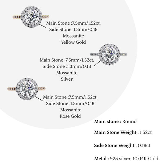 Round Cut Moissanite Ring – Double Halo with Pavé Band – 925 Silver / 10K, 14K Rose, Yellow, White Gold / Platinum | Finora Jewelry