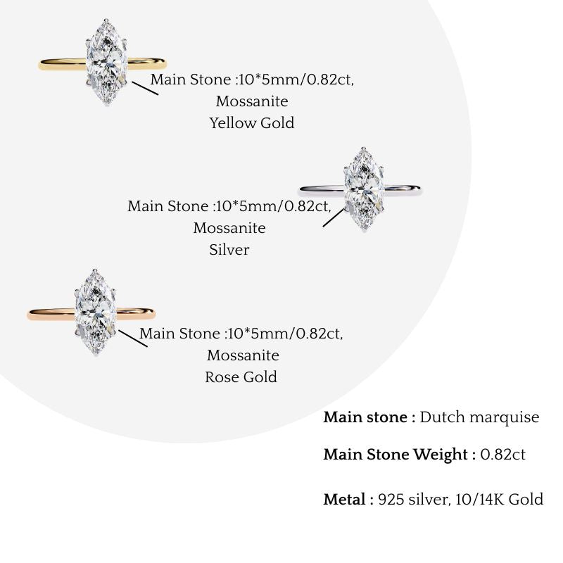 marquise cut moissanite solitaire engagement ring – sleek design in 925 silver, 10k & 14k white, yellow, rose gold, or platinum | finora jewelry