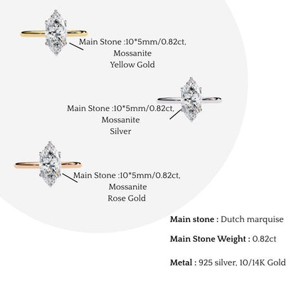 Marquise Cut Moissanite Solitaire Engagement Ring – Sleek Design in 925 Silver, 10K & 14K White, Yellow, Rose Gold, or Platinum | Finora Jewelry