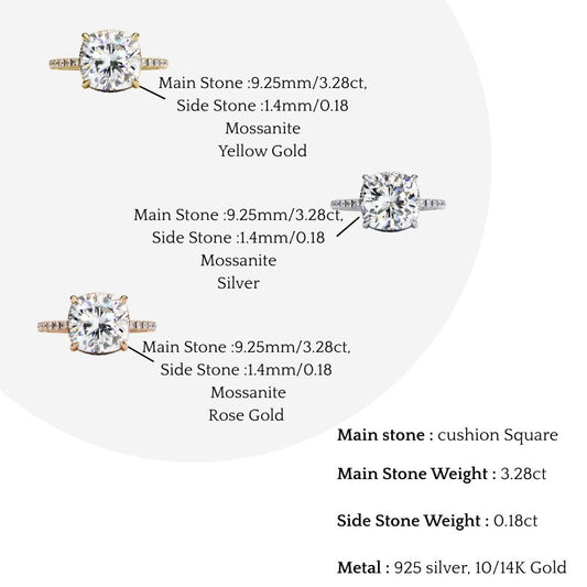 Cushion Cut Moissanite Engagement Ring – Pavé Band – Anniversary Ring for Her – 925 Silver / 10K & 14K Gold / Platinum | Finora Jewelry