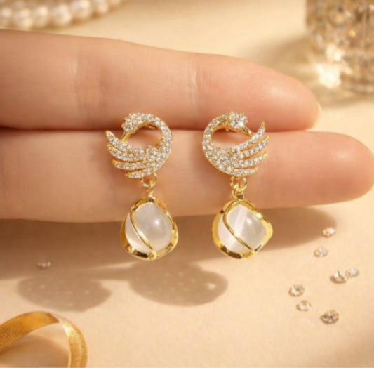 Gold-Tone Crystal Swan Drop Earrings with Teardrop Accents