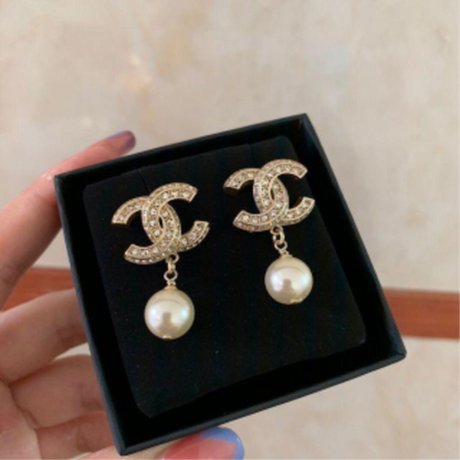 Gold Interlocking CC Drop Earrings