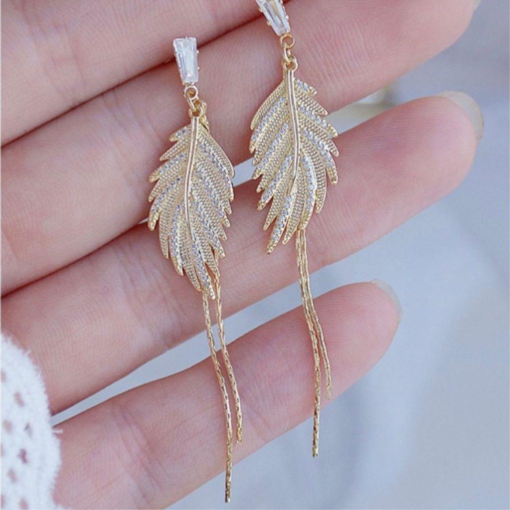 gold-tone feather tassel drop earrings with crystal accents