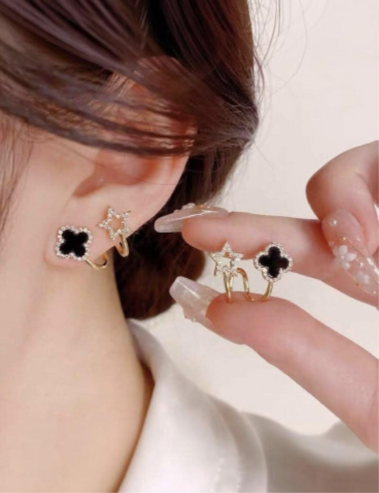 Gold-Tone Black Clover & Star Mismatched Ear Cuff Earrings