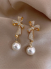 Elegant Crystal-Studded Bow and Pearl Drop Earrings