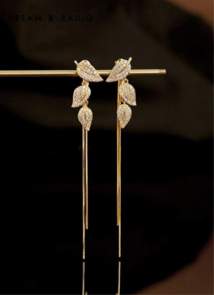 gold-tone pave leaf tassel drop earrings