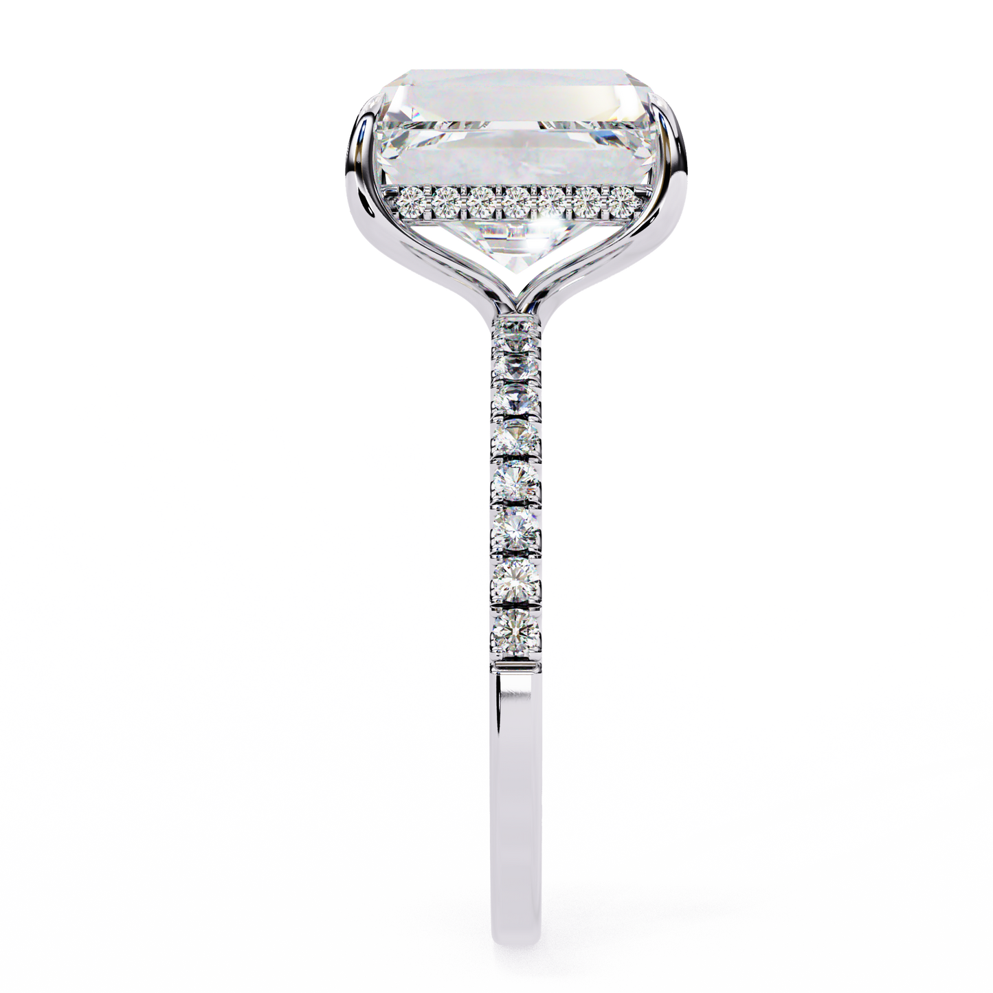 emerald cut moissanite solitaire engagement ring with pavé band in white/yellow/rose gold – finora jewelry design