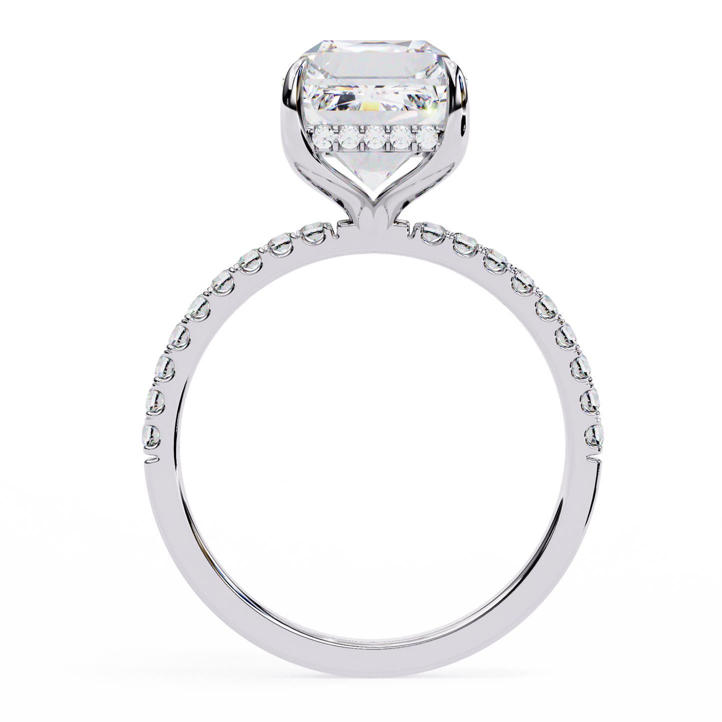 emerald cut moissanite solitaire engagement ring with pavé band in white/yellow/rose gold – finora jewelry design