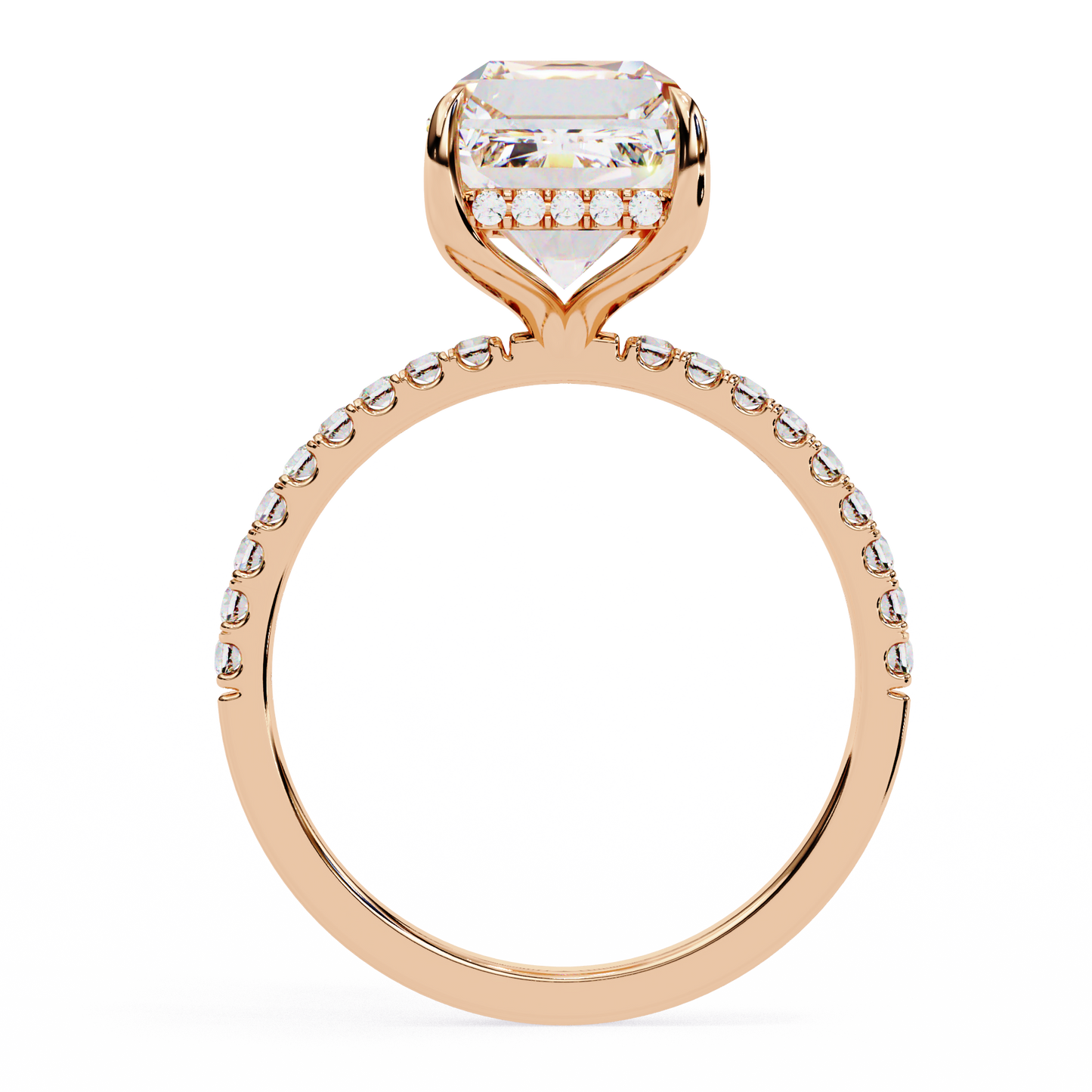 emerald cut moissanite solitaire engagement ring with pavé band in white/yellow/rose gold – finora jewelry design