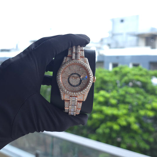 Moissanite Presidential Watch | Rose Gold | 41MM | Roman Dial | Fully Iced Out