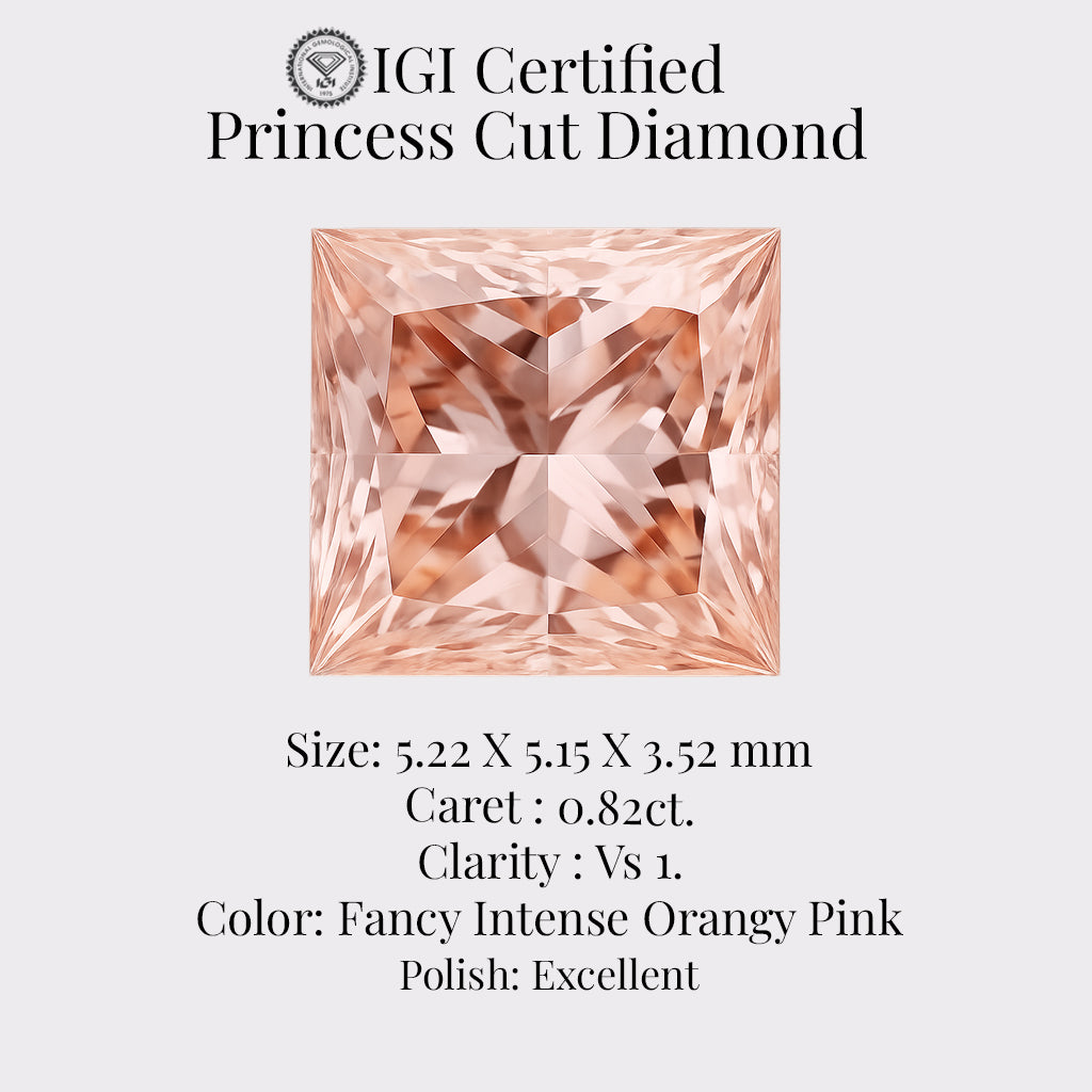 Princess Cut 0.82ct IGI Certified Fancy Intense Orangy Pink Diamond 
