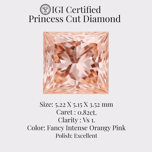 Princess Cut 0.82ct IGI Certified Fancy Intense Orangy Pink Diamond – Finora Jewelry