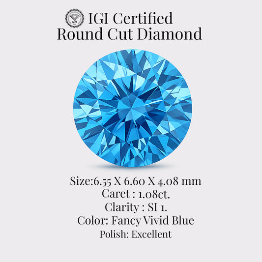 Round Cut Diamond 1.08 Ct IGI Certified Fancy Vivid Blue Diamond – Finora Jewelry