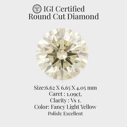 Round Cut Diamond 1.09 Ct IGI Certified Fancy Light Yellow Diamond – Finora Jewelry