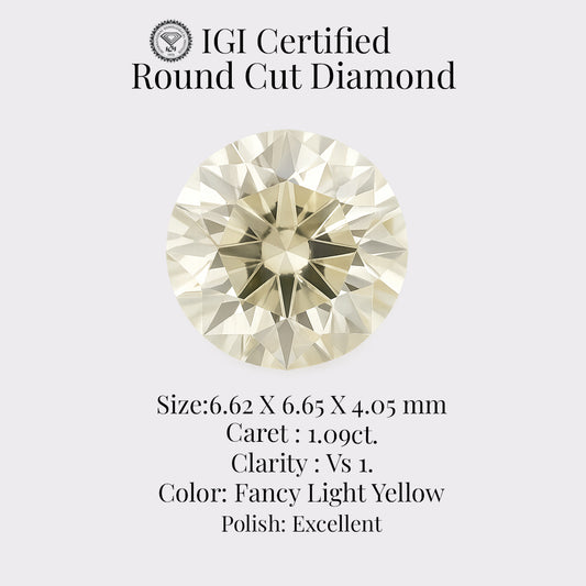 Round Cut Diamond 1.09 Ct IGI Certified Fancy Light Yellow Diamond – Finora Jewelry