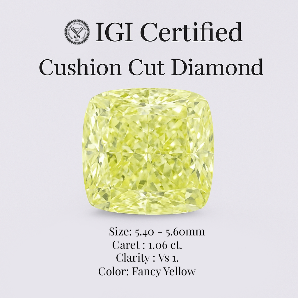 cushion cut 1.06ct diamond – igi certified fancy yellow vs1 loose stone – finora jewelry