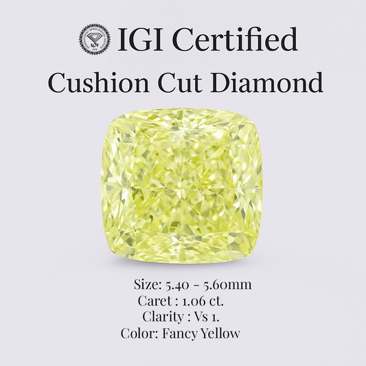 Cushion Cut 1.06ct Diamond – IGI Certified Fancy Yellow VS1 Loose Stone – Finora Jewelry