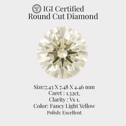 Round Cut Diamond 1.52 Ct IGI Certified Fancy Light Yellow Diamond – Finora Jewelry