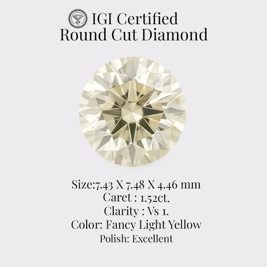 Round Cut Diamond 1.52 Ct IGI Certified Fancy Light Yellow Diamond – Finora Jewelry